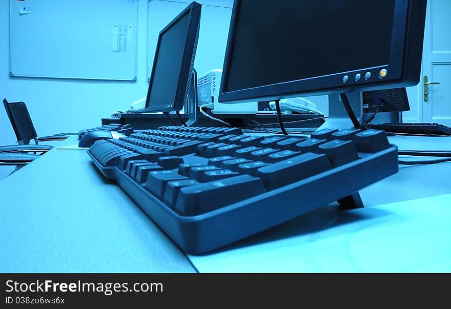 Photo of blue screens in computer room