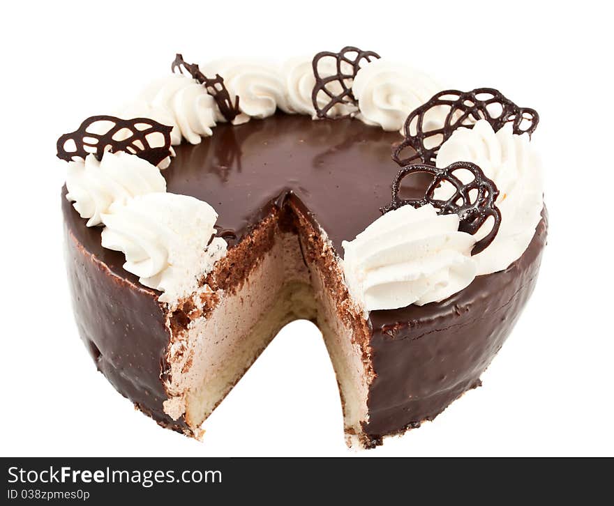 Chocolate cake on white background