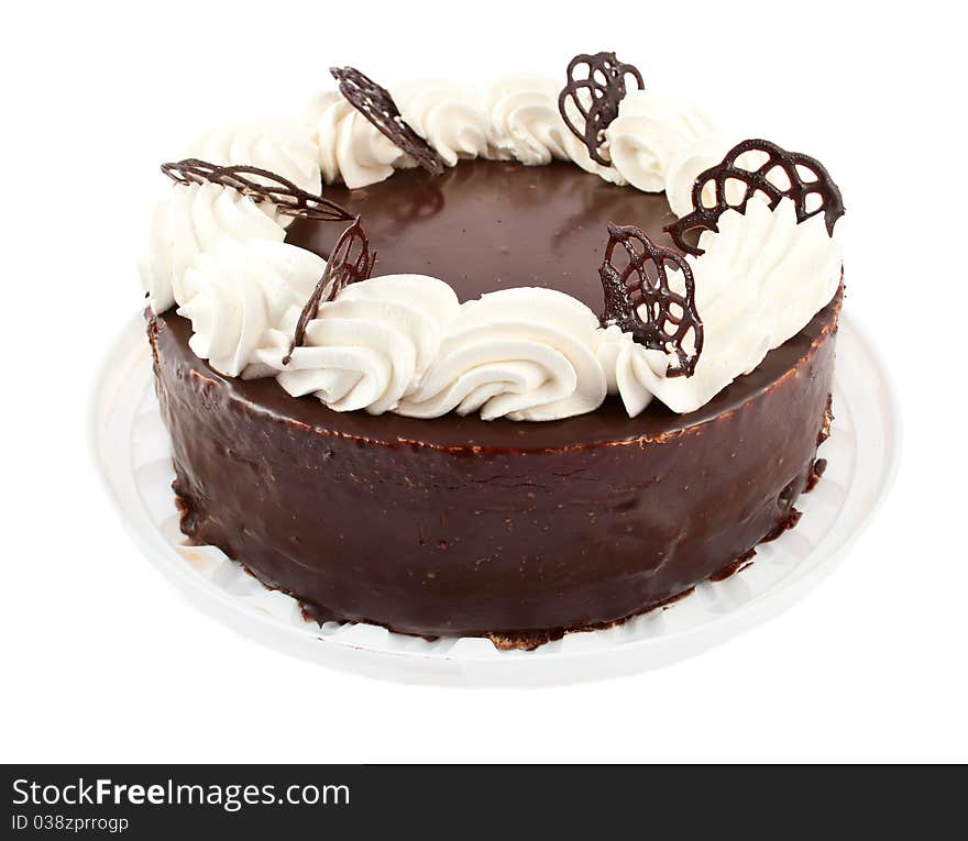 Chocolate cake on white background