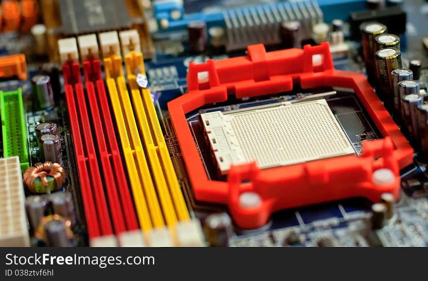 Close-up photo of view of system board (computer part). Close-up photo of view of system board (computer part)