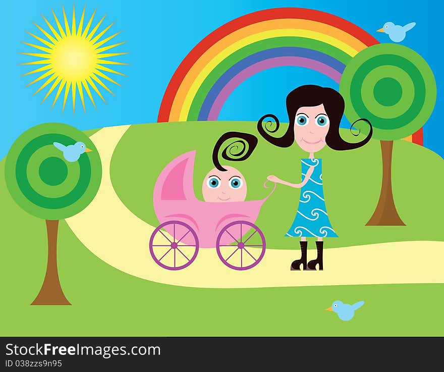 A young mother with a baby in a stroller by walk in the park. A young mother with a baby in a stroller by walk in the park