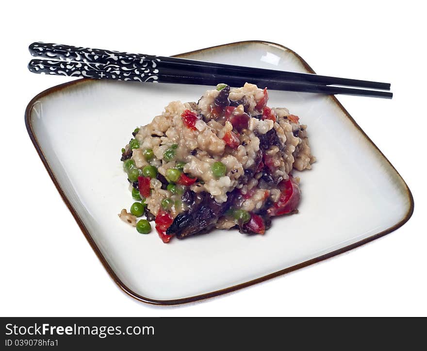 Mushroom Rice Risotto Meal with Decorative Chopsticks. Mushroom Rice Risotto Meal with Decorative Chopsticks.