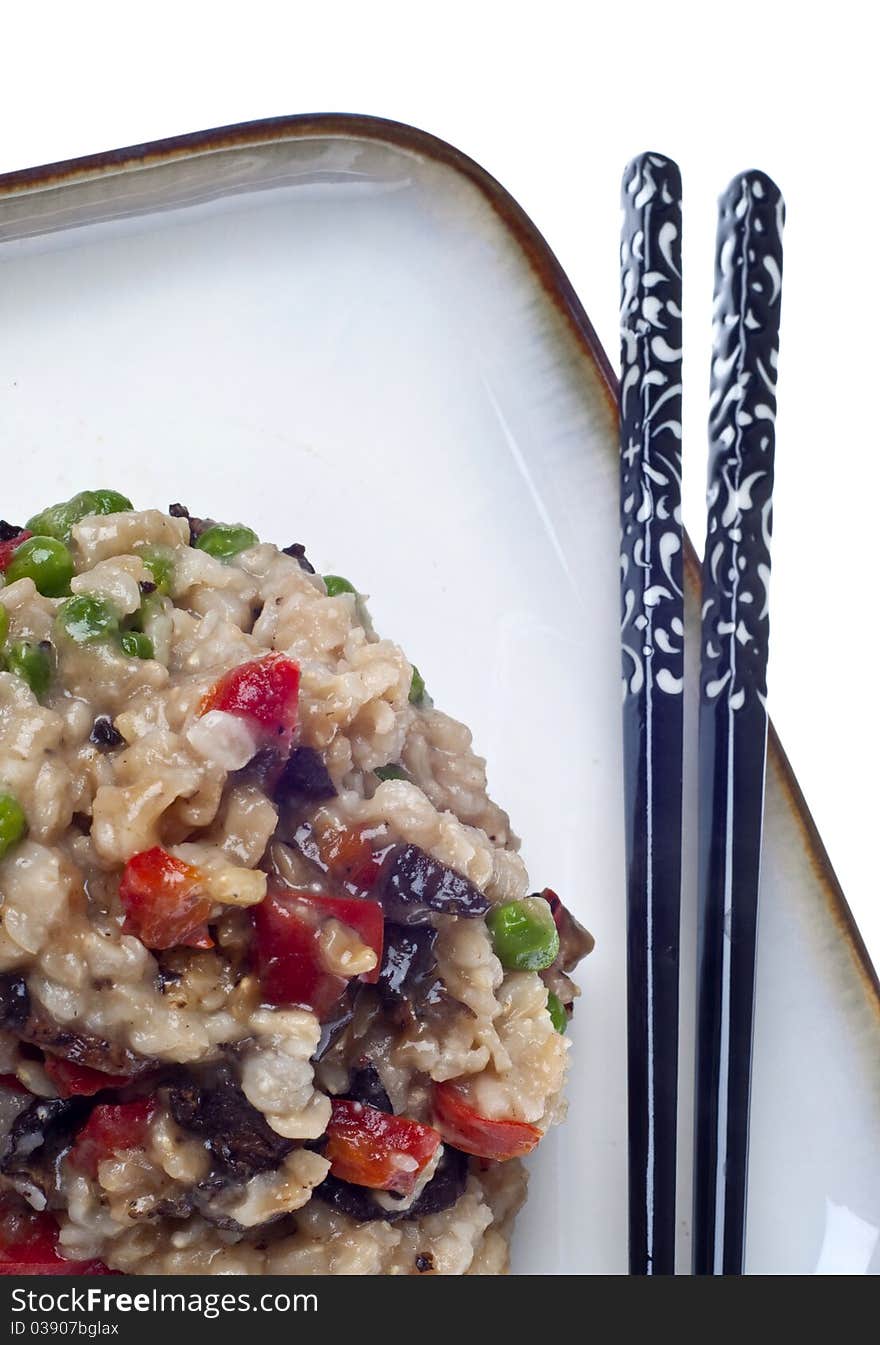 Mushroom Rice Risotto Meal with Decorative Chopsticks. Mushroom Rice Risotto Meal with Decorative Chopsticks.