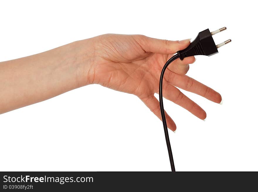 Woman holding black euro plug in the hand