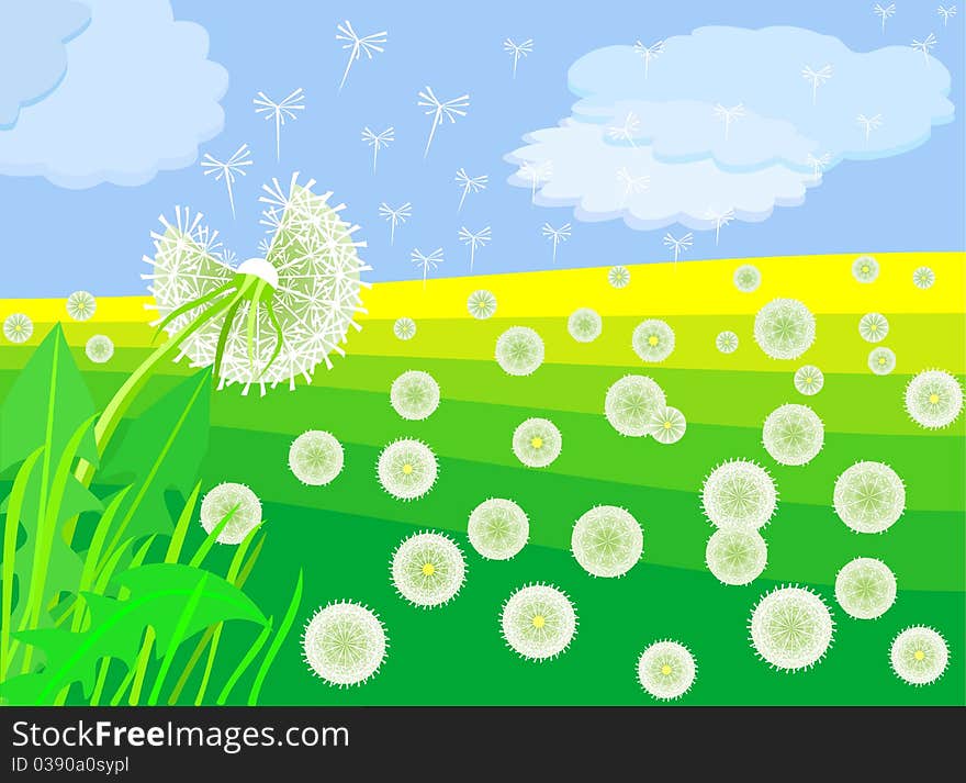 Summer landscape with beautiful bright dandelion the background of the sky and meadows. Summer landscape with beautiful bright dandelion the background of the sky and meadows