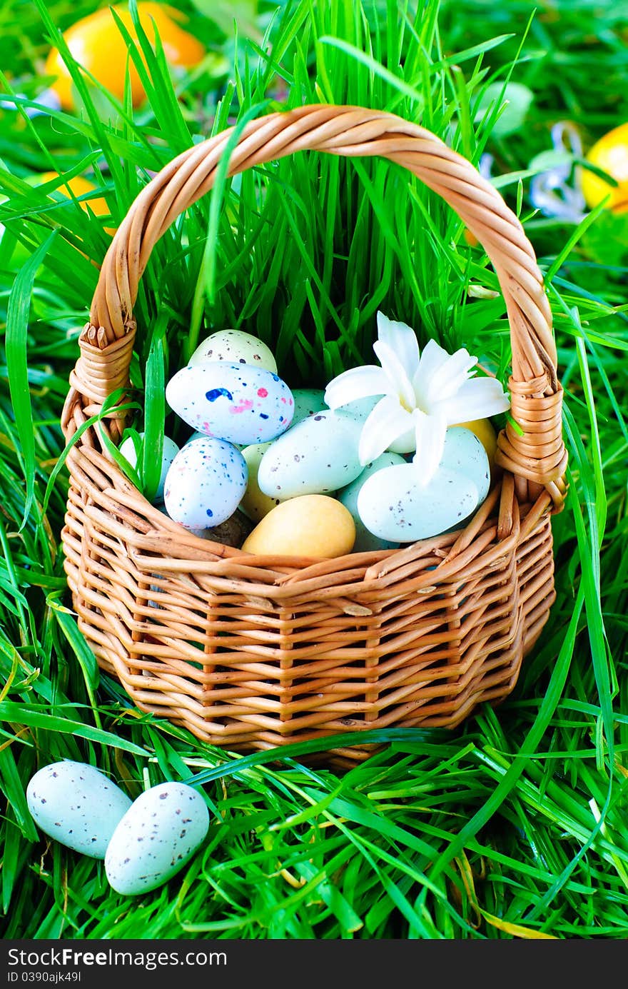 Chocolate Easter Eggs in a basket on a green grass