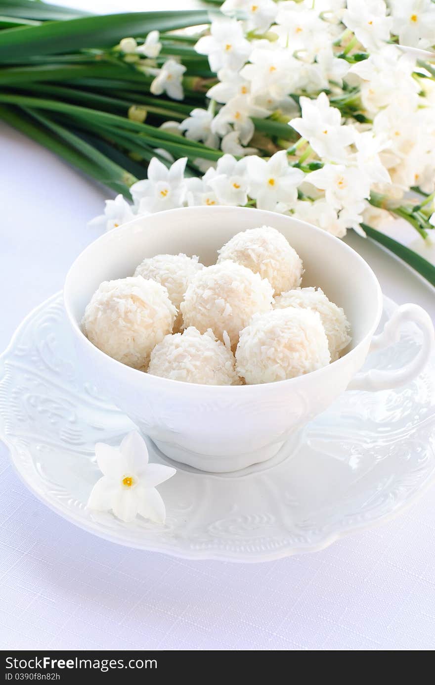 White porcelain cup, white candies and white narcissus. White porcelain cup, white candies and white narcissus