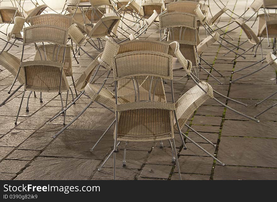 Cafe chairs folded up