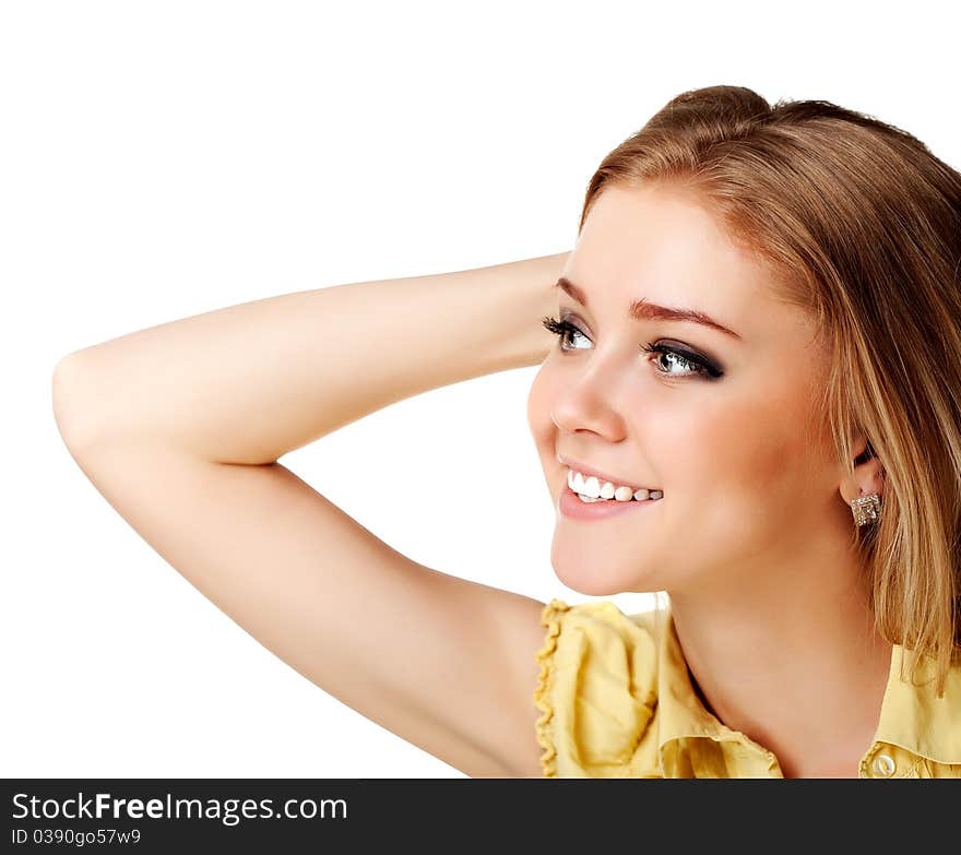 Beautiful young smiling woman. Isolated over white background