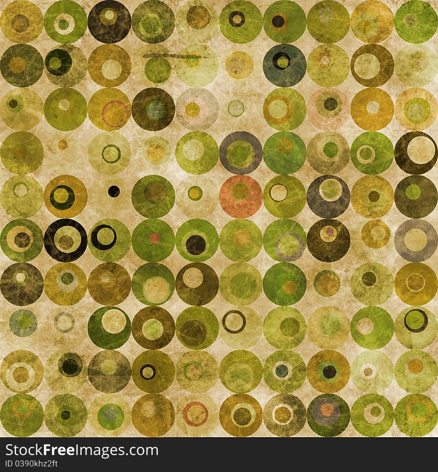 An abstract grungy image of cicles with nested circles in green tones. An abstract grungy image of cicles with nested circles in green tones