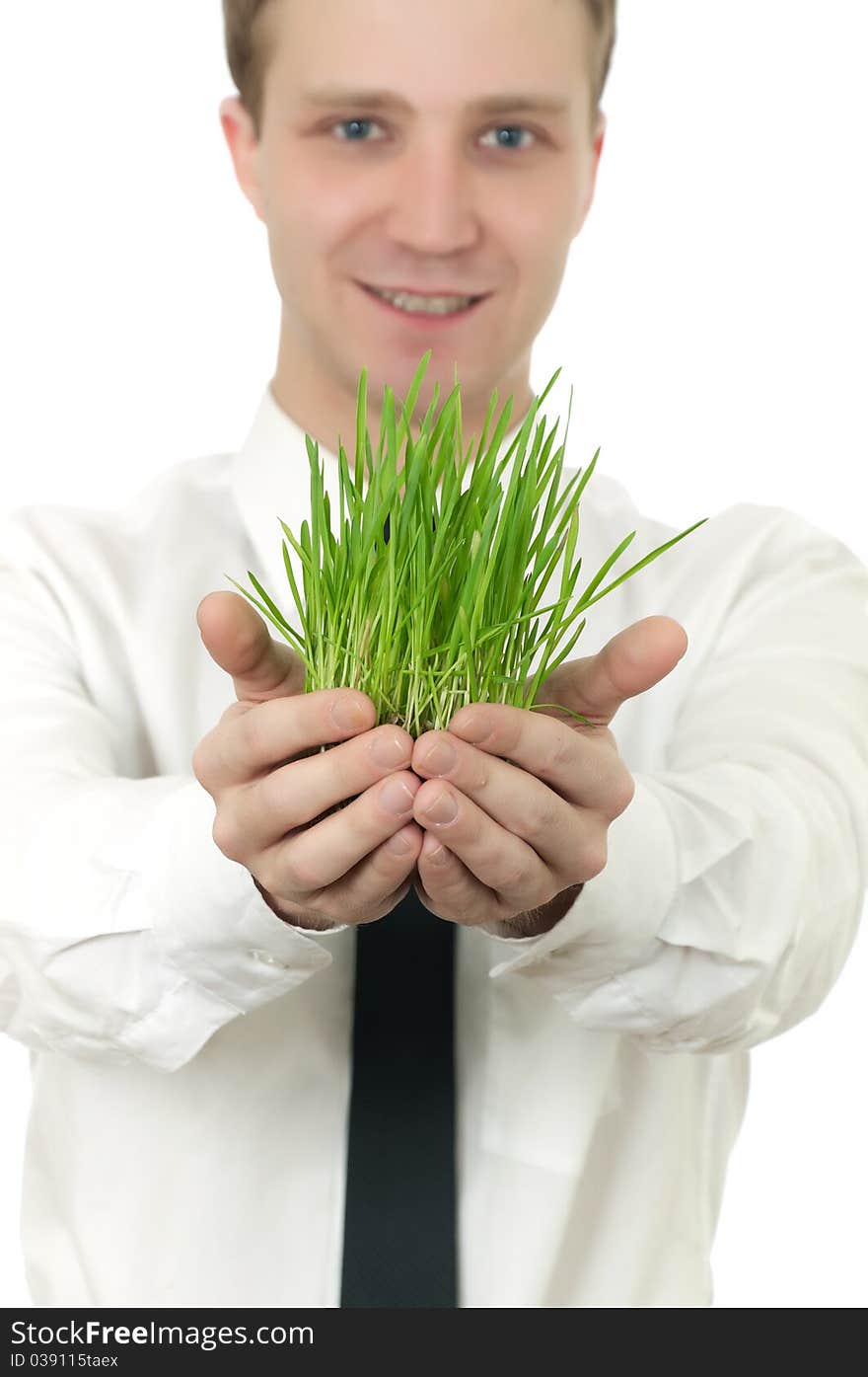 Man holding a small plant