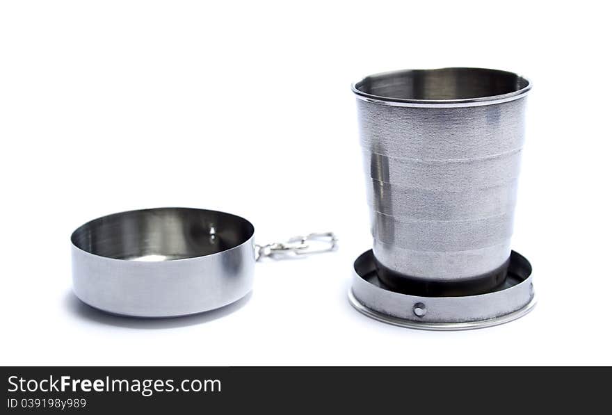 Stainless collapsible cup isolated on white background.