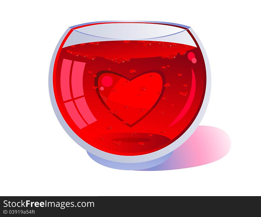 Red heart floating in a clear glass. Red liquid with bubbles. Wine or blood. Background. Valentine's Day. Isolated on white background. Red heart floating in a clear glass. Red liquid with bubbles. Wine or blood. Background. Valentine's Day. Isolated on white background.