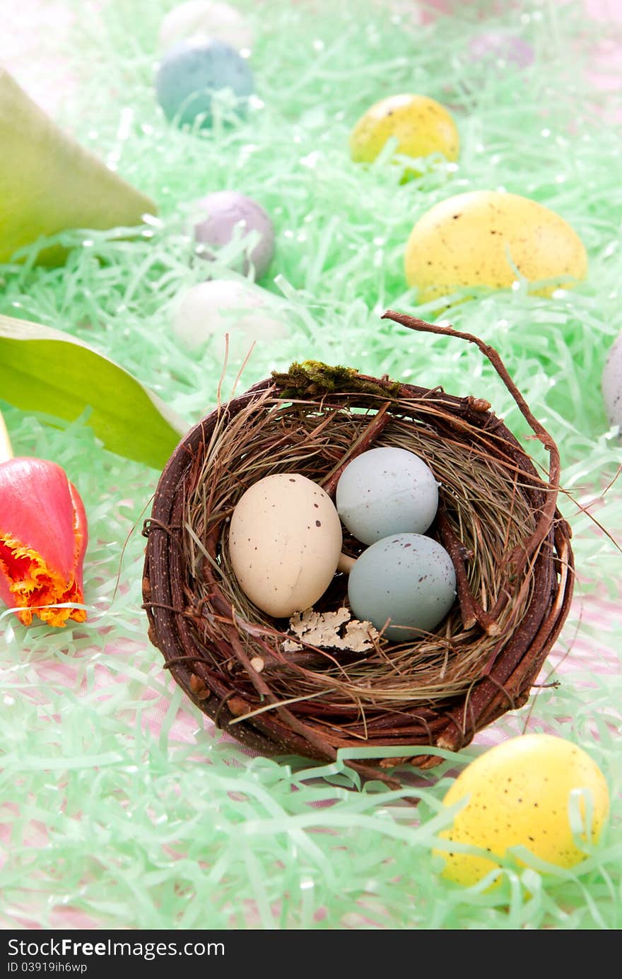 Easter Painted eggs composition in birds nest decorated with spring tulips and grass on a pastel background