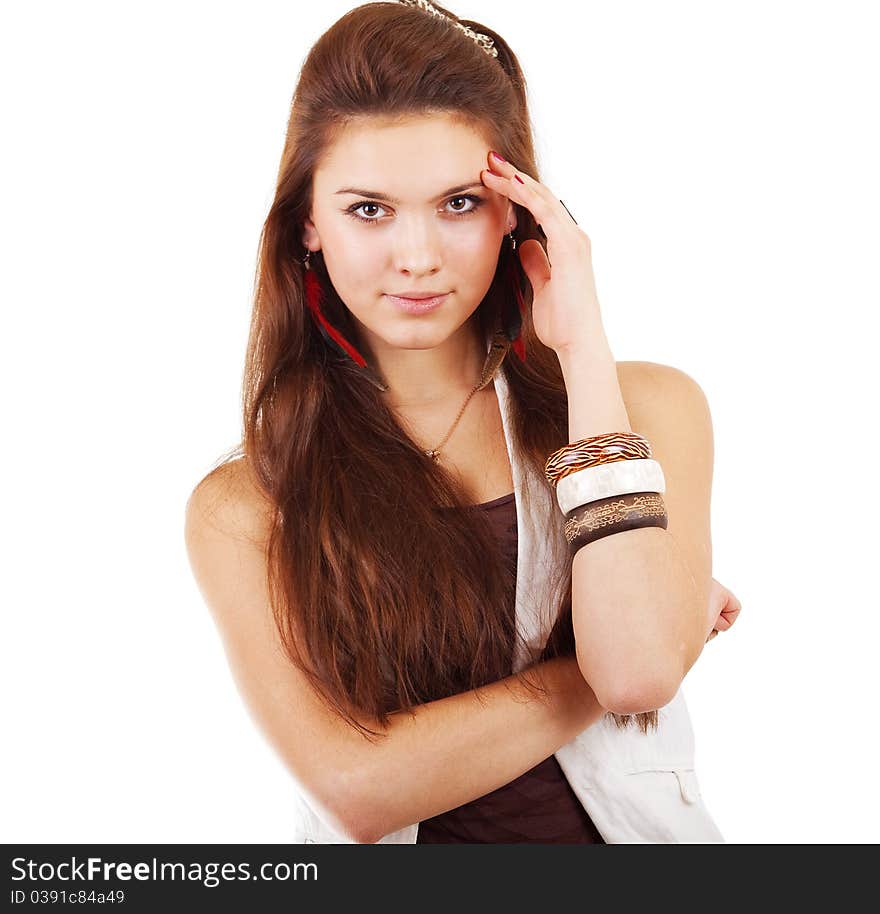 young woman and headache on white background