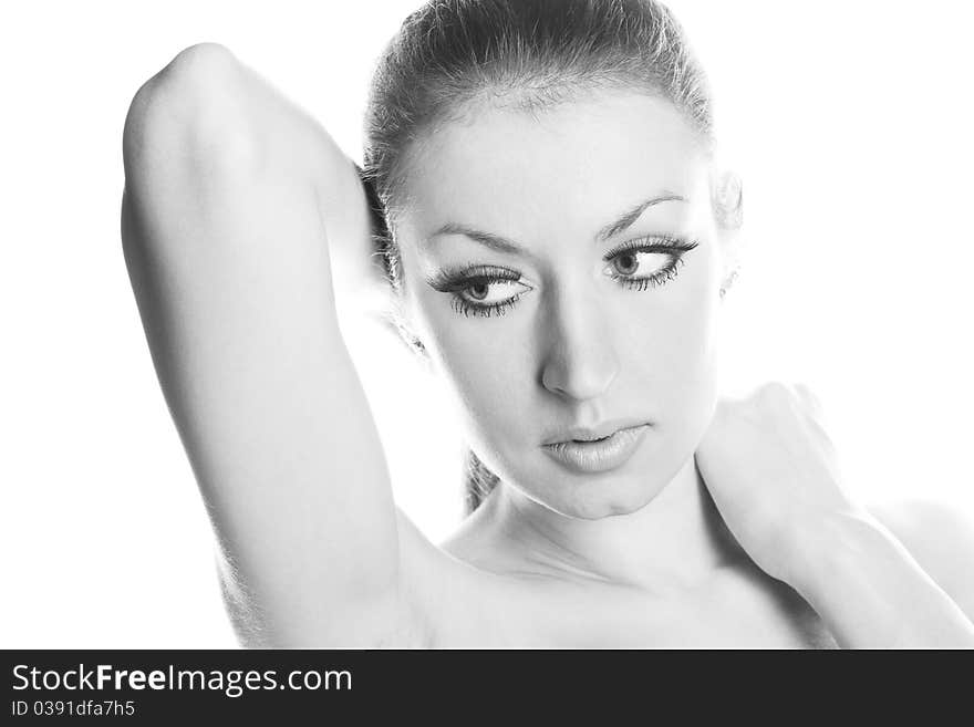 Beautiful girl on a white background (black and white)