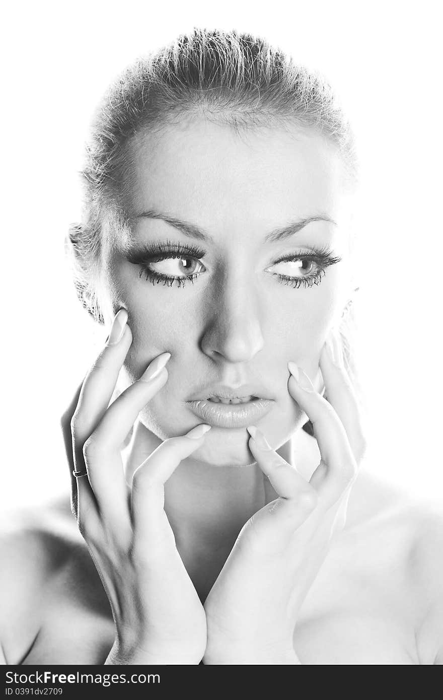 Beautiful girl on a white background (black and white)