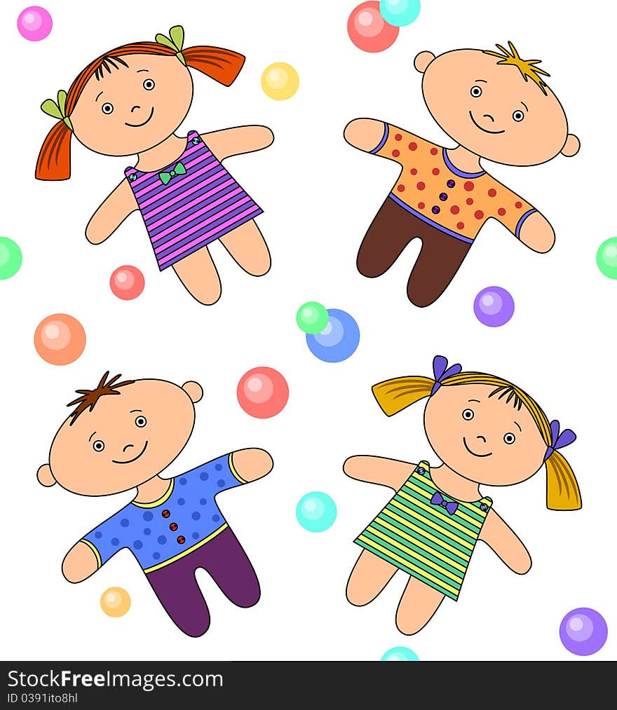 Vector seamless background. Toys, boy girl and bubbles. Vector seamless background. Toys, boy girl and bubbles