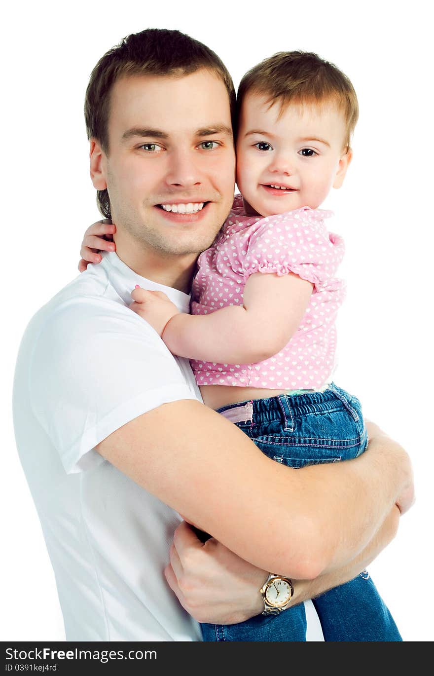 Happy father with a baby on a white background. Happy father with a baby on a white background