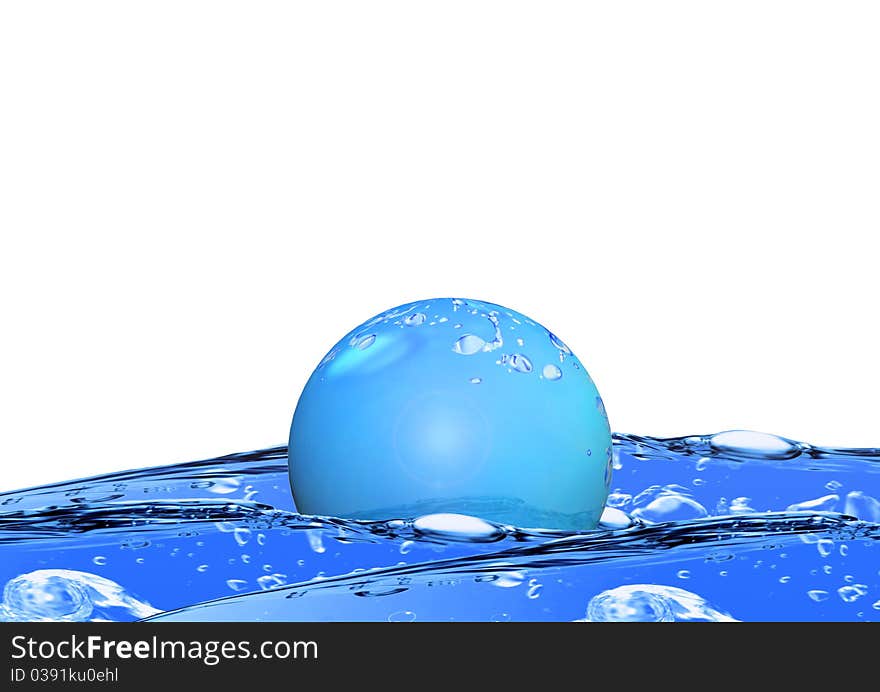 Water bubble floating on water on a white background