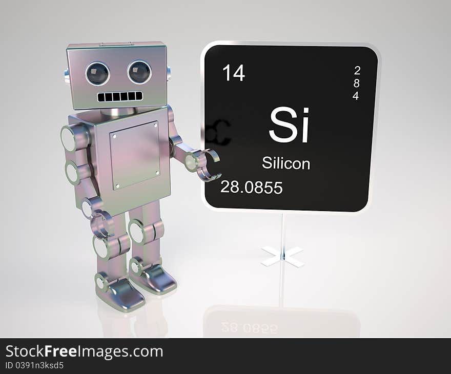 Old robot teacher shows on blackboard the chemical element silicon. Old robot teacher shows on blackboard the chemical element silicon