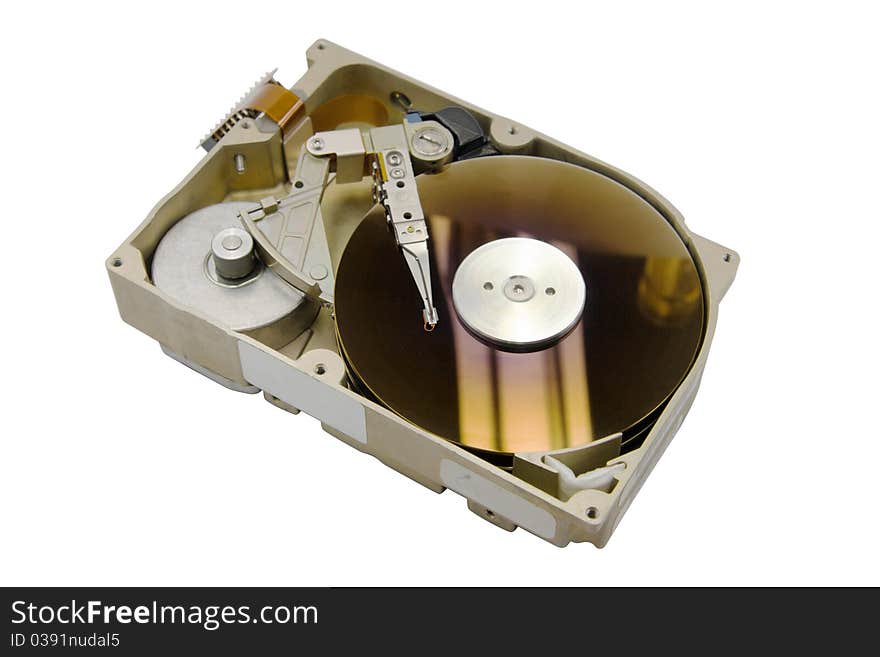 A computer hard drive, open, the internals are visible. Isolated on white background. A computer hard drive, open, the internals are visible. Isolated on white background.