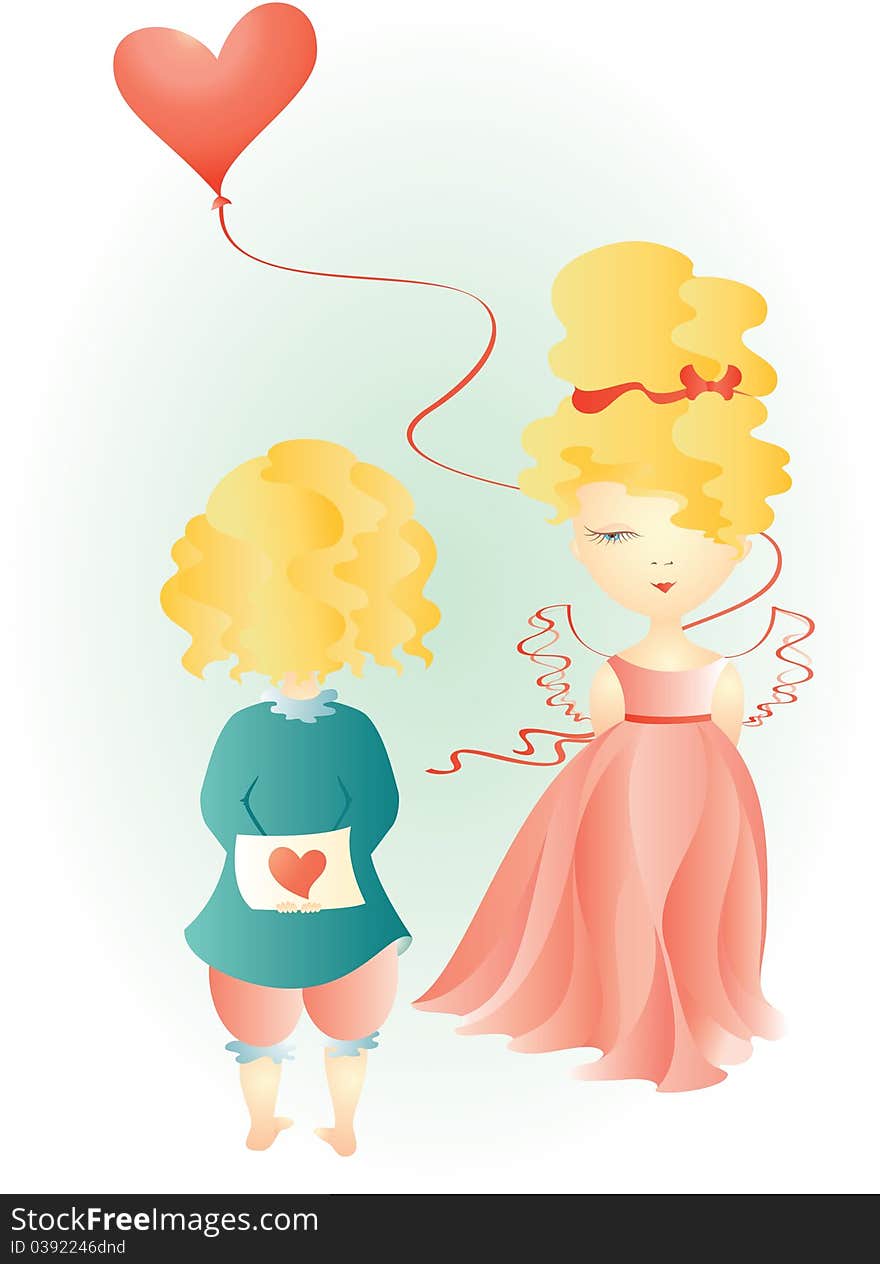 The illustration of fairy girl and boy with hearts