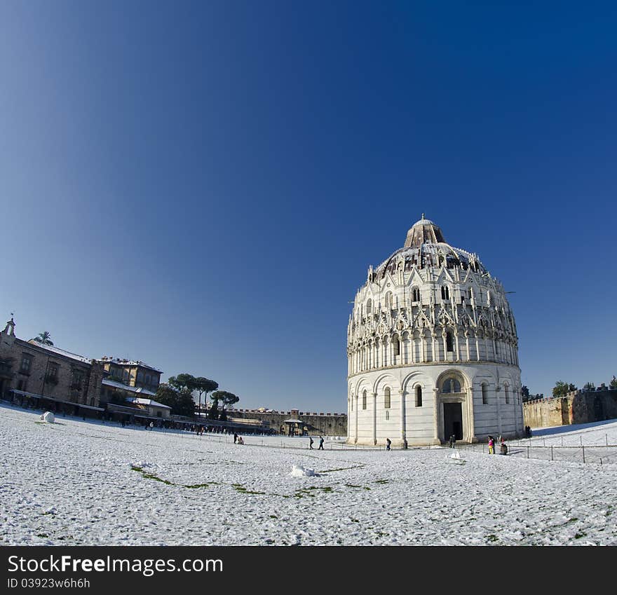 Piazza dei Miracoli in Pisa after a Snowstorm