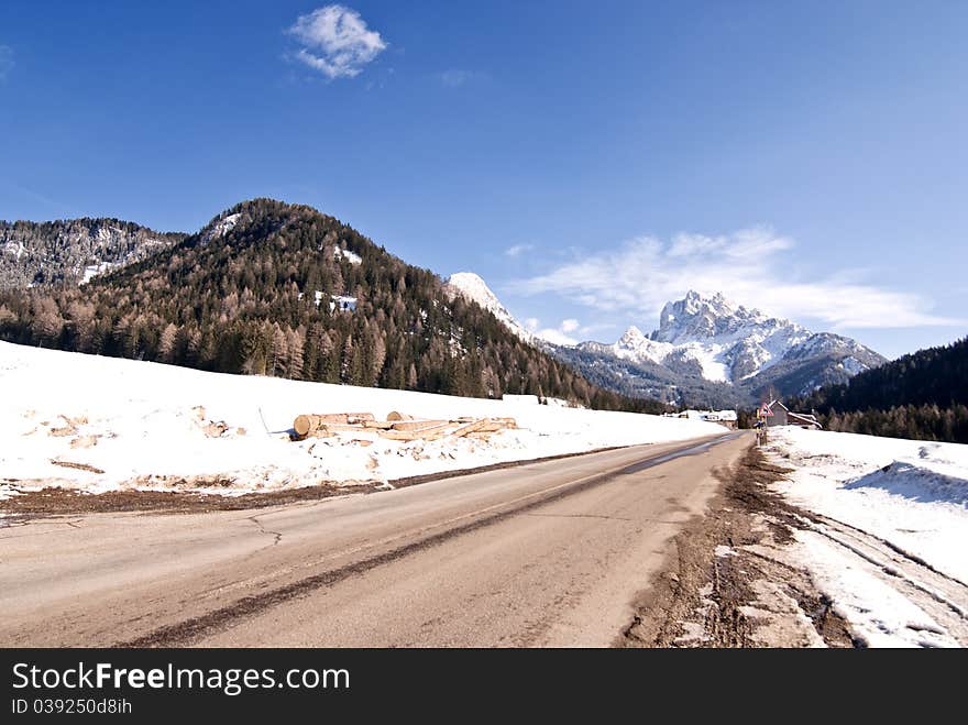 Snow on the Dolomites Mountains, Italy