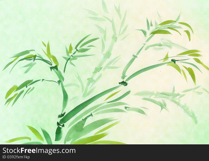 Green Bamboo, painted in watercolor in oriental style