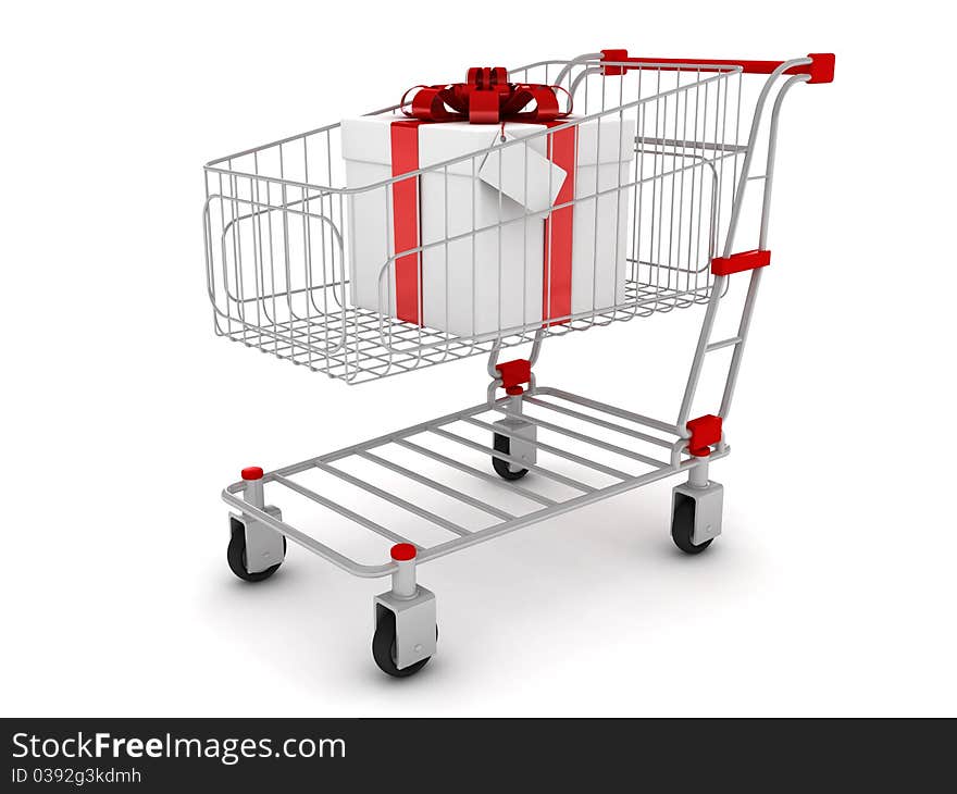 Shopping cart with gifts. 3D render. Shopping cart with gifts. 3D render.