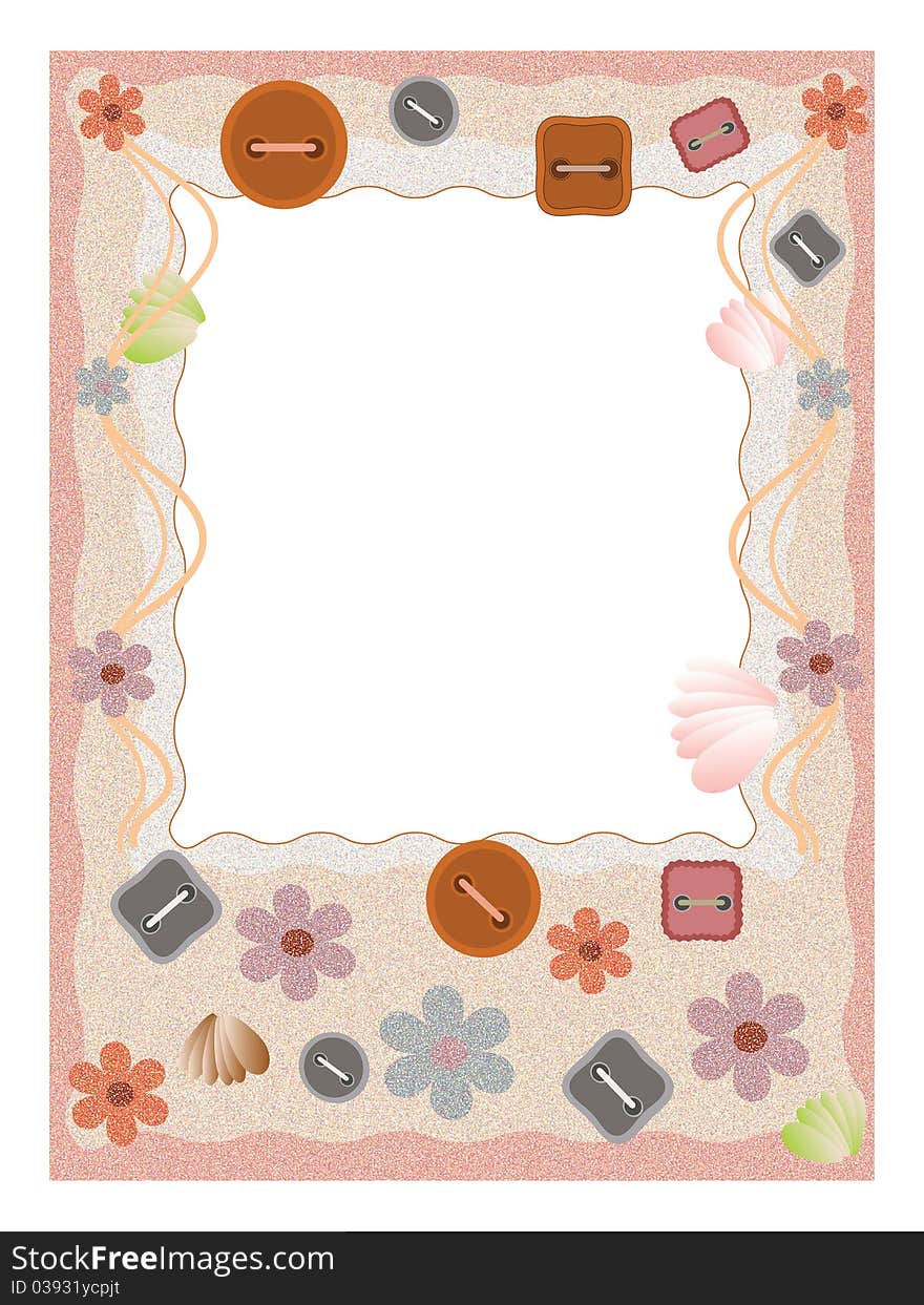 Frame with buttons, flowers and shells