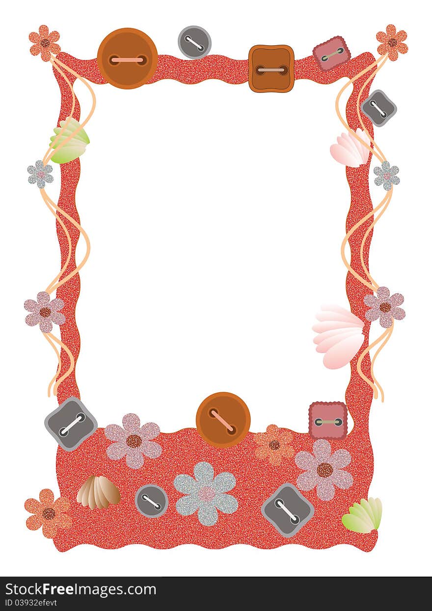 Frame with buttons, flowers and shells