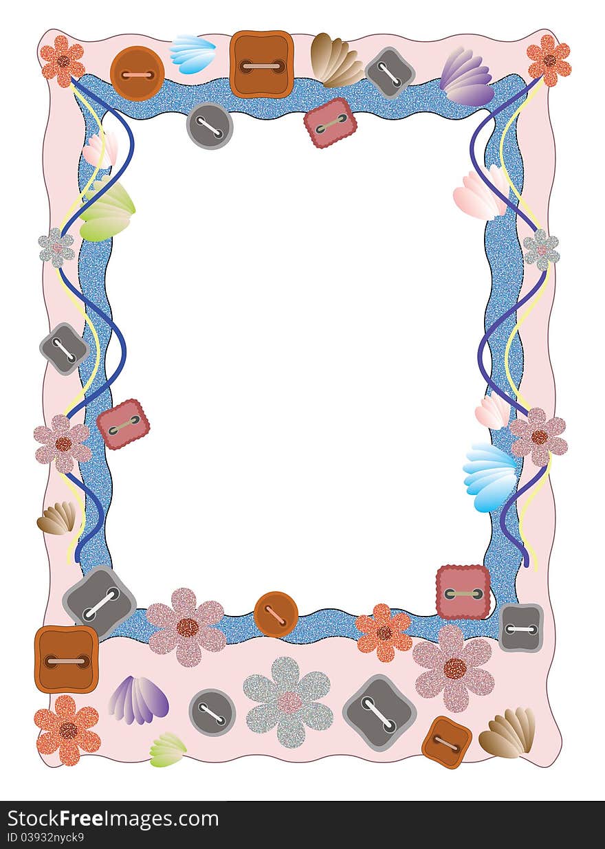 Frame with buttons, flowers and shells