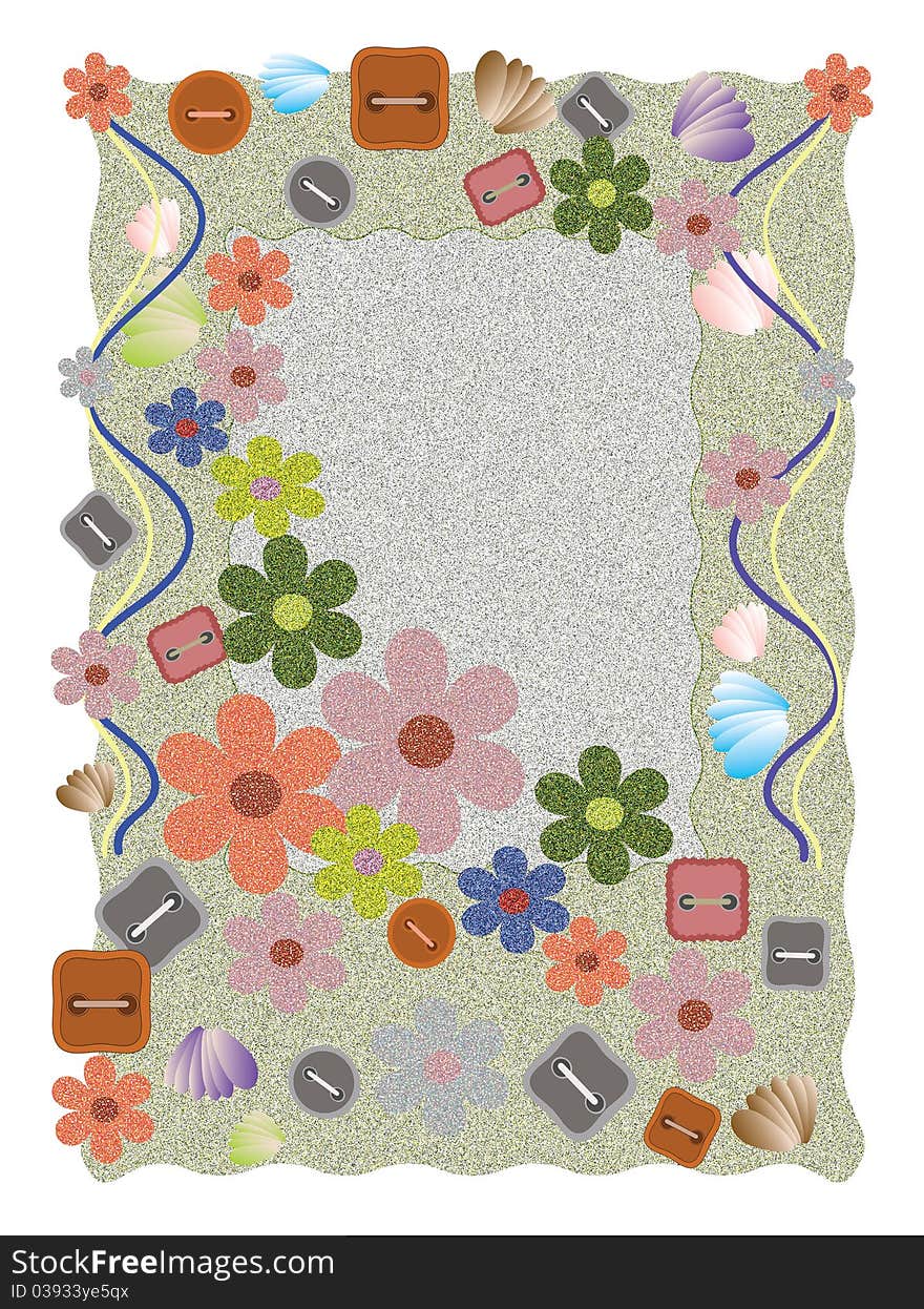 Frame with buttons, flowers and shells