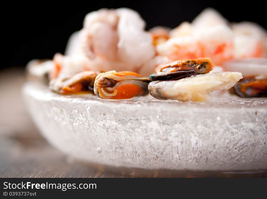 An ice plate of seafood ingredients. An ice plate of seafood ingredients