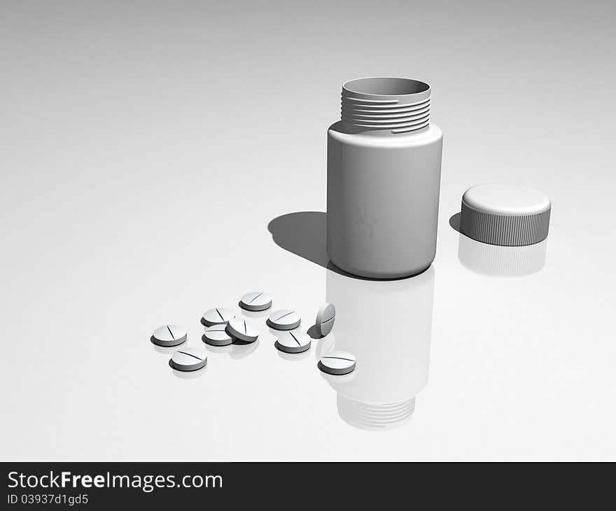 Pills and a vial on a white background. Pills and a vial on a white background