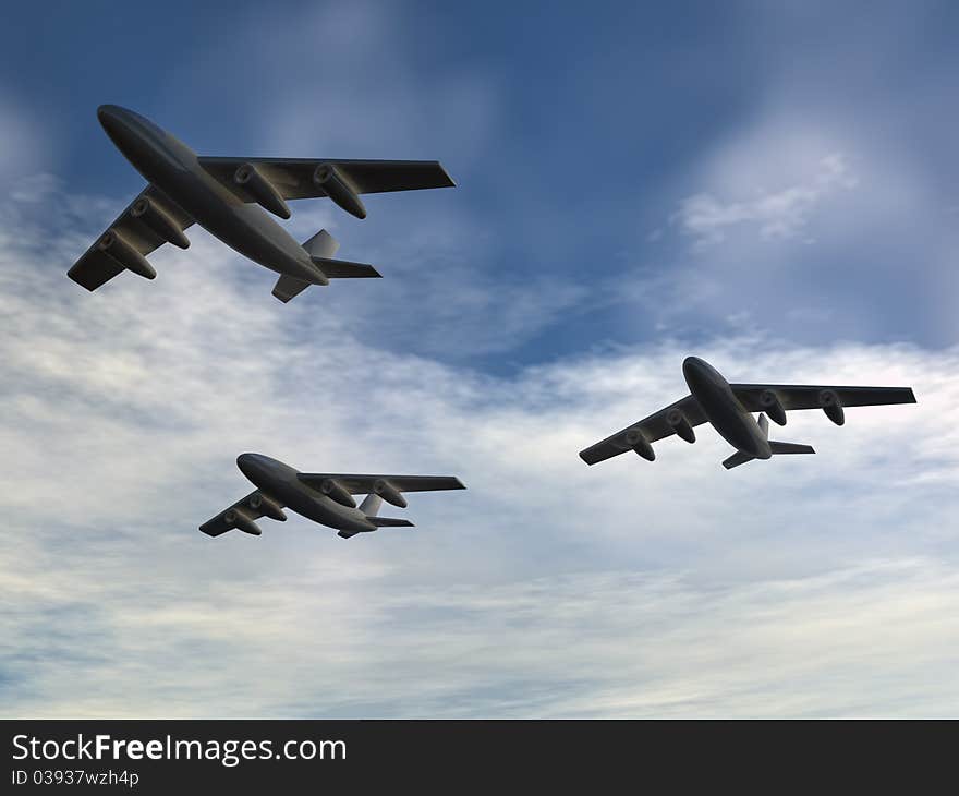 Three aircraft against a background of clouds. Three aircraft against a background of clouds