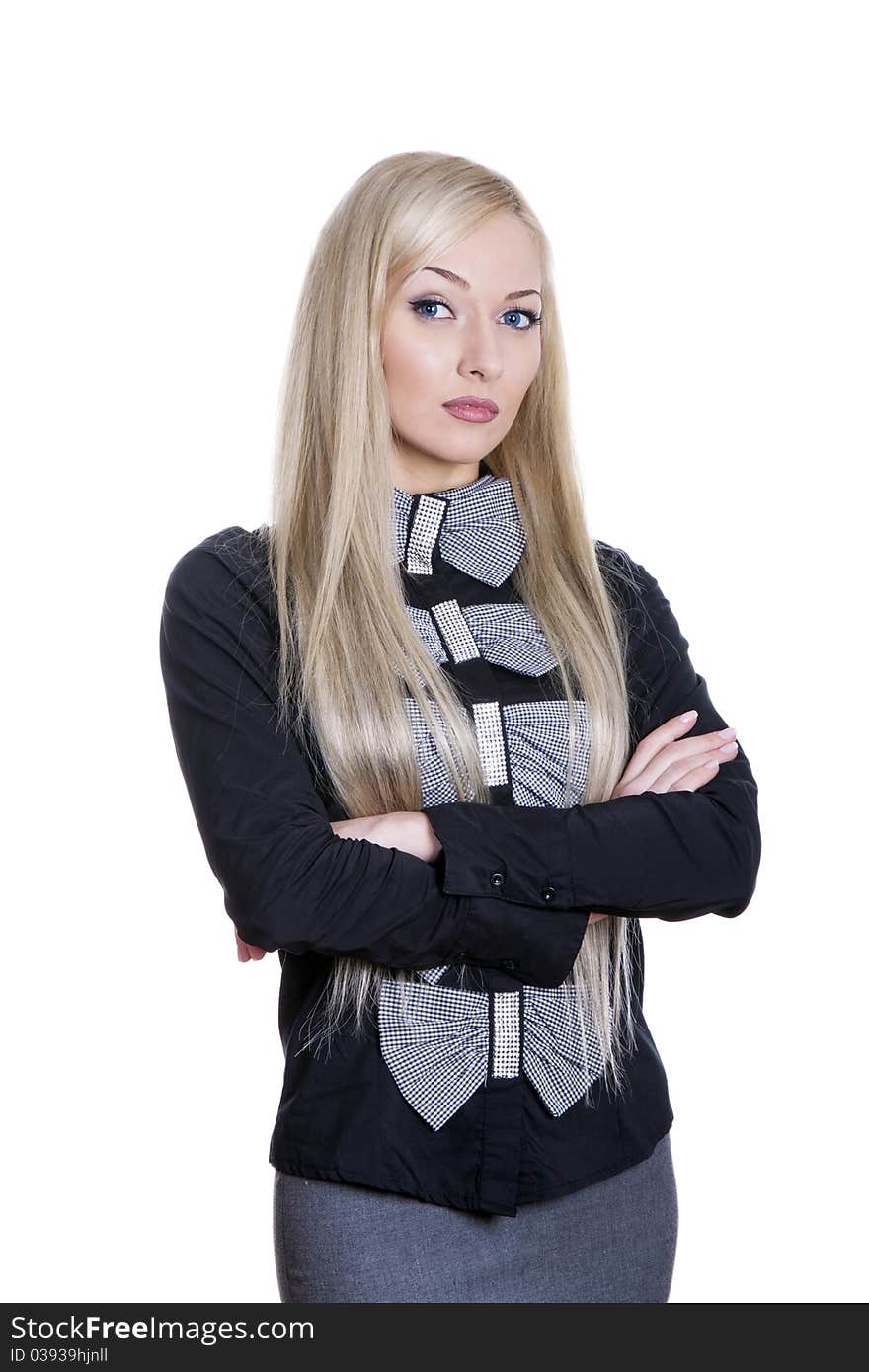 Positive business woman isolated over white background