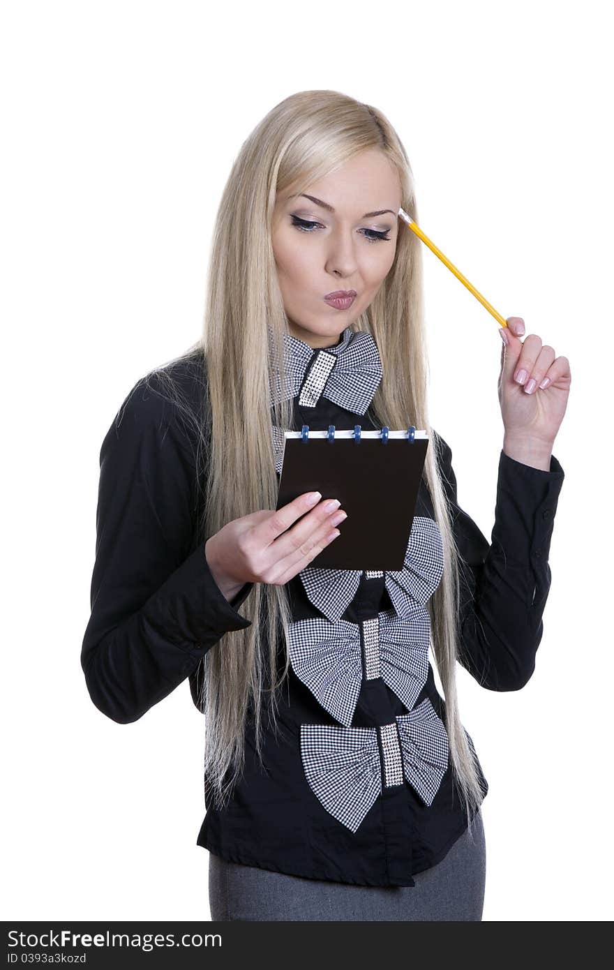 Caucasian blond businesswoman with pencil on white isolated background. Caucasian blond businesswoman with pencil on white isolated background