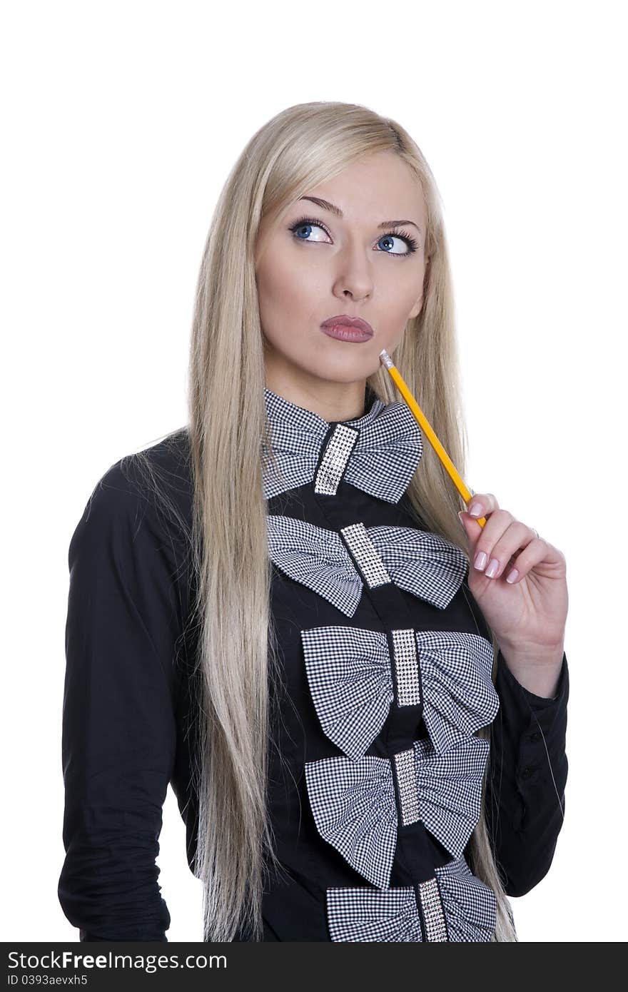 Caucasian blond businesswoman with pencil on white isolated background. Caucasian blond businesswoman with pencil on white isolated background