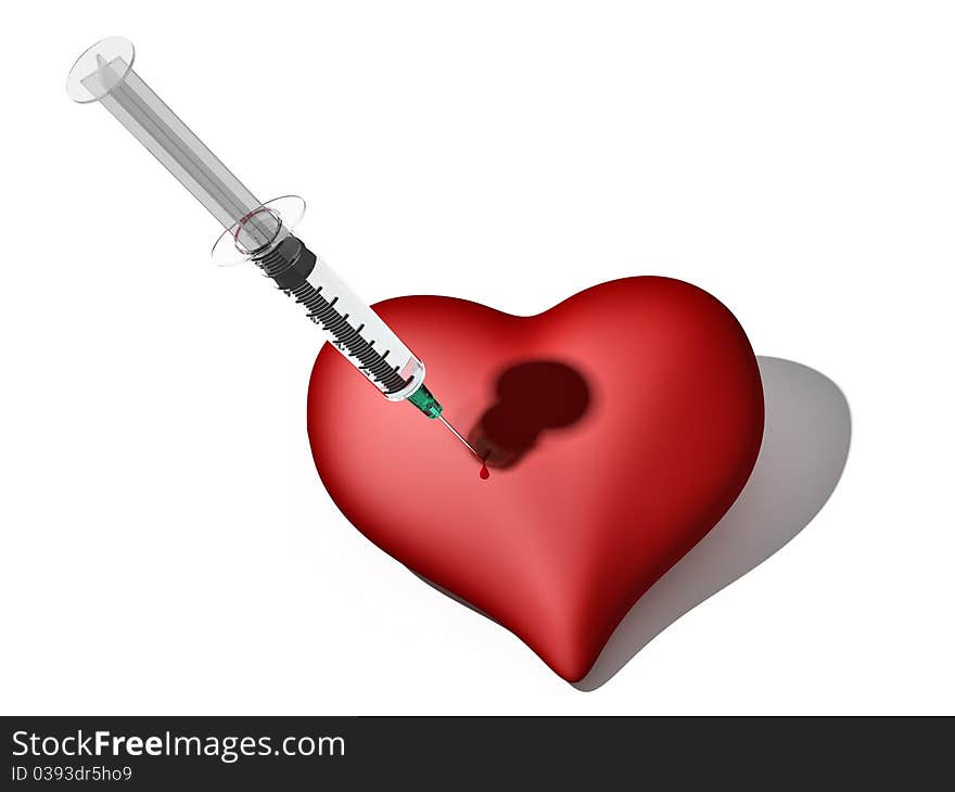 Syringes and heart on a white background