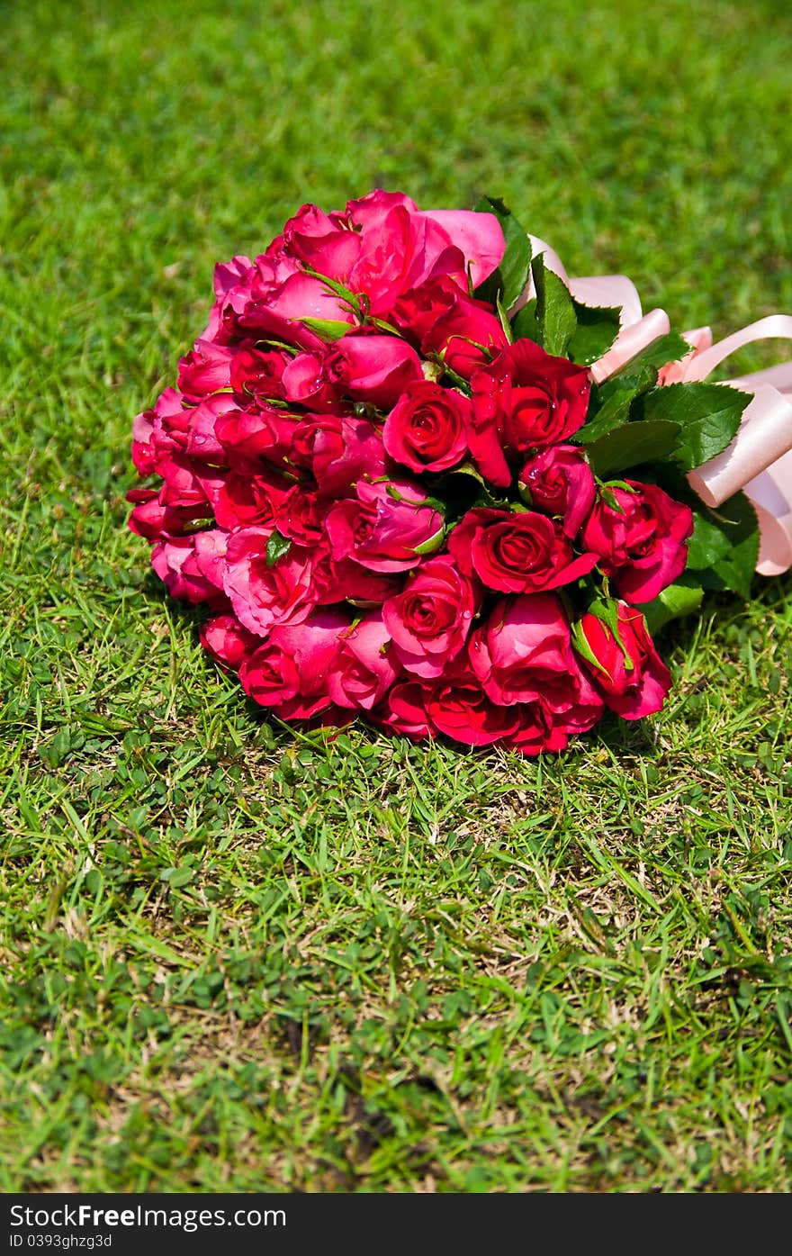 Bouquet of rose on the lawn