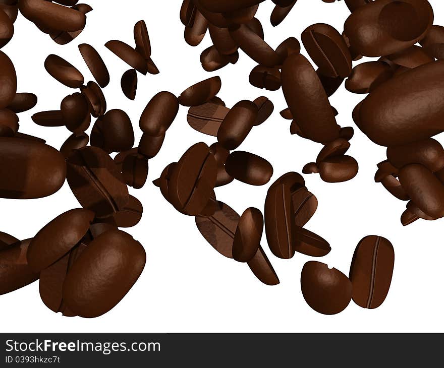 Falling coffee beans on white background