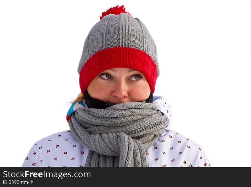 Woman wrapped in a gray scarf