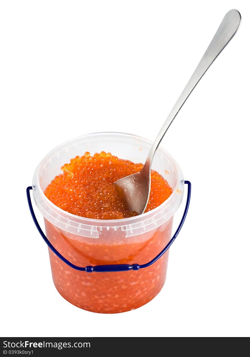 Red caviar in a plastic container isolated