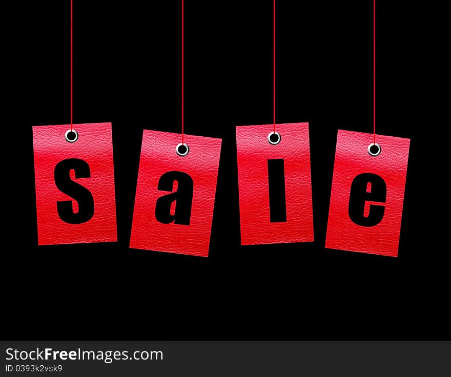 Red hanging sale labels over black background. Illustration