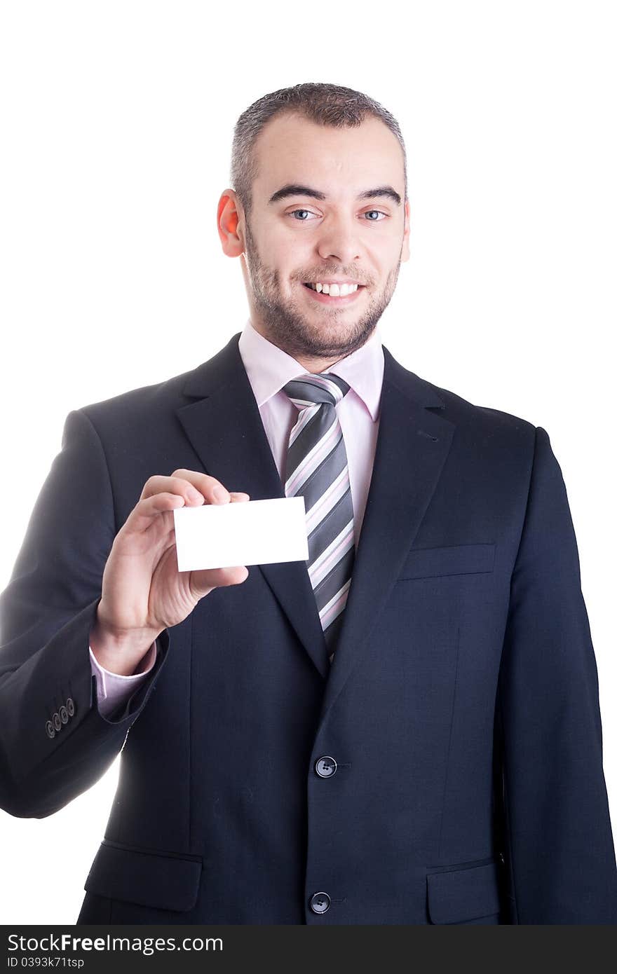 Closeup of business man holding a blank business card