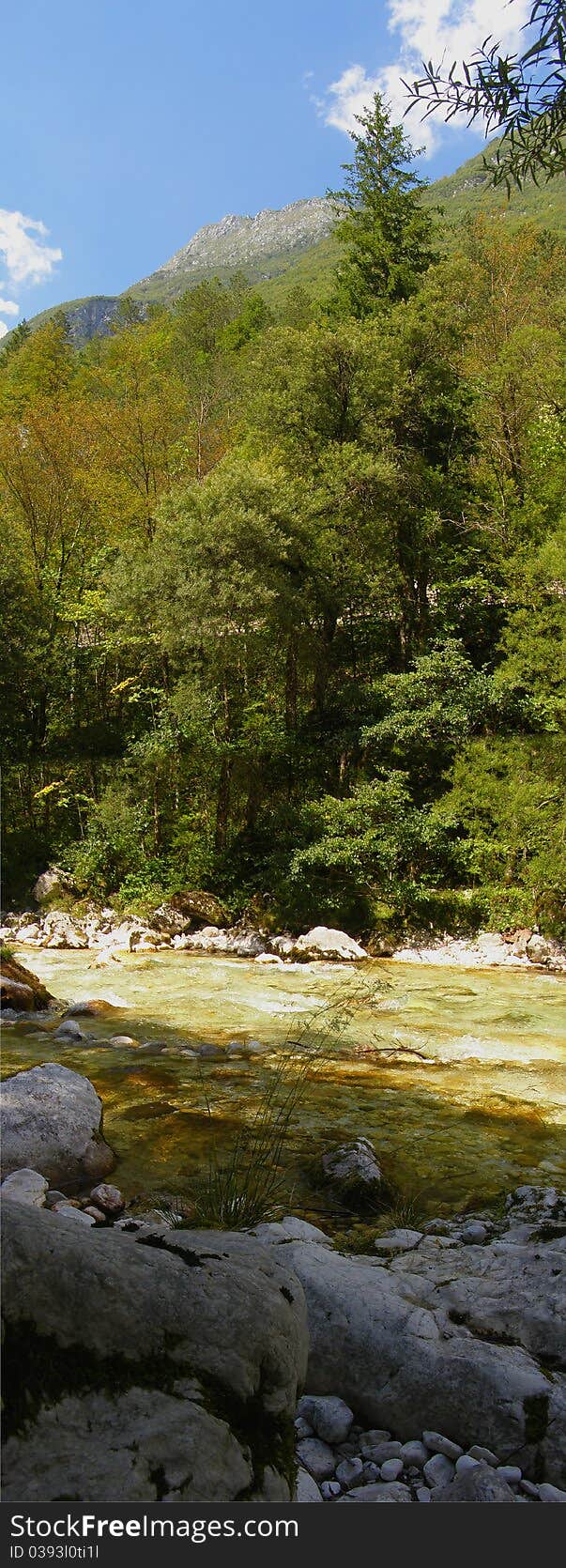 Vertical panoramic image of an alpine stream and mountainside; Location: Soca River (Isonzo River), Triglav National Park in Slovenia, Europe *2 vertical images stitched together into a panoramic image. Vertical panoramic image of an alpine stream and mountainside; Location: Soca River (Isonzo River), Triglav National Park in Slovenia, Europe *2 vertical images stitched together into a panoramic image