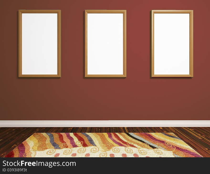 3d render of realistic room with three photo frames on brown wall. 3d render of realistic room with three photo frames on brown wall